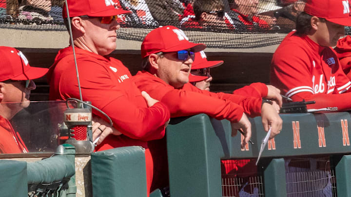 The Nebraska baseball dugout looks on against Michigan State at Haymarket Park.