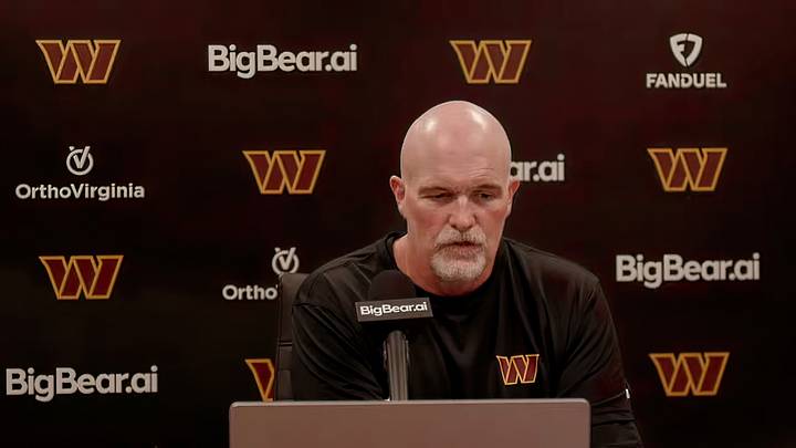 Washington Commanders head coach Dan Quinn speaks with reporters during his Sunday press conference following the team's preseason win over the Miami Dolphins.