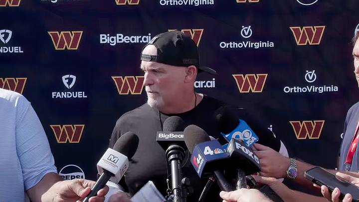 Washington Commanders head coach Dan Quinn speaks with reporters before Wednesday’s joint practice with the Baltimore Ravens. Washington Commanders head coach Dan Quinn speaks with reporters before Wednesday’s joint practice with the Baltimore Ravens.
