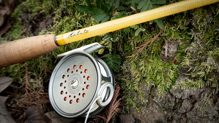 Classic combination. A Kabuto custom fiberglass fly rod matched with a Heritage Hardy Perfect fly reel with agate line guide. 