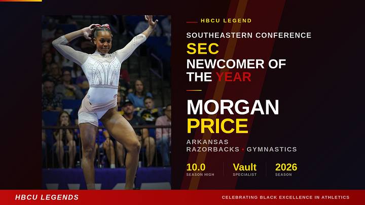Former Fisk gymnast and two-time all-around title holder Morgan Price is named the SEC Newcomer of the Year for the Arkansas Gymbacks. Former Fisk gymnast and two-time all-around title holder Morgan Price is named the SEC Newcomer of the Year for the Arkansas Gymbacks.