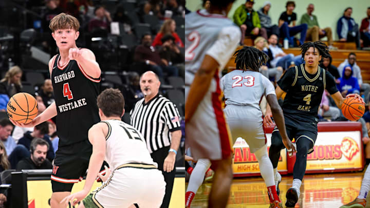 Harvard-Westlake's Nik Khamenia (left) and Notre Dame's Tyran Stokes went head-to-head for a berth to the CIF Southern Section Open Division final on Feb. 21, 2025.