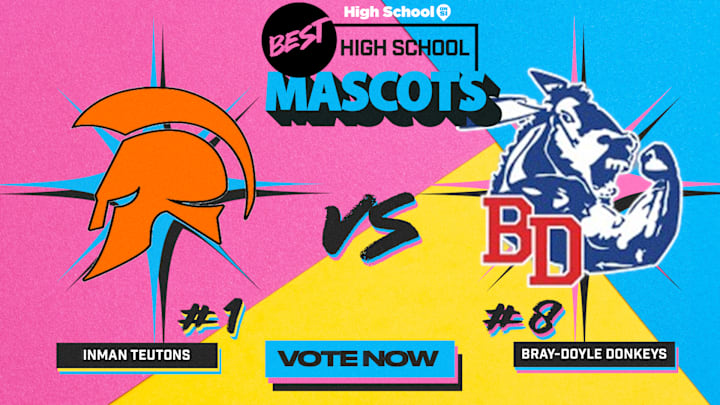 The Inman Teutons (Kansas) take on the Bray-Doyle Donkeys (Oklahoma) in Round 2 of our national high school mascot tournament. The Inman Teutons (Kansas) take on the Bray-Doyle Donkeys (Oklahoma) in Round 2 of our national high school mascot tournament.