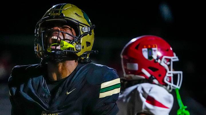 Basha running back Noah Roberts (6) celebrates a rushing touchdown against Brophy College Prep during a game at Basha High School in Chandler on Oct. 23, 2026. Basha running back Noah Roberts (6) celebrates a rushing touchdown against Brophy College Prep during a game at Basha High School in Chandler on Oct. 23, 2026.