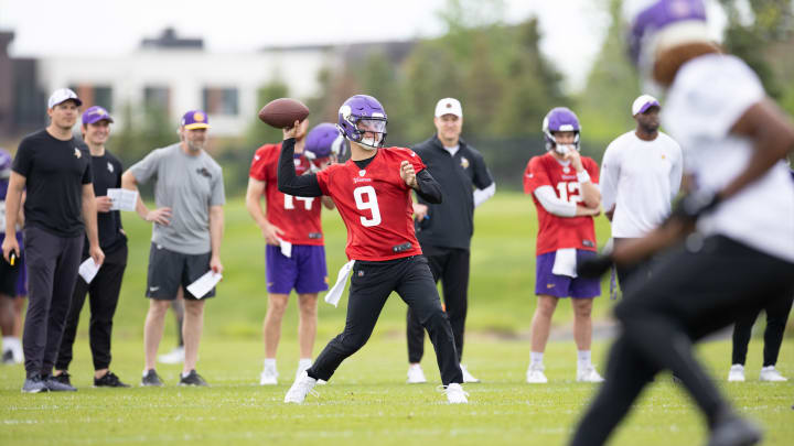 Rookie QB J.J. McCarthy (9) throwing at Vikings rookie minicamp Rookie QB J.J. McCarthy (9) throwing at Vikings rookie minicamp