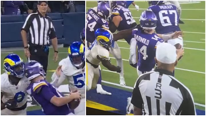 Multiple views of the uncalled facemask on Vikings quarterback Sam Darnold during their game against the Los Angeles Rams on Thursday, Oct. 24, 2024, at SoFi Stadium in Inglewood, Calif. 