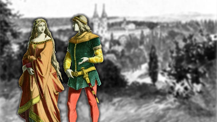 Actor portrayal of Katherine Swynford and John of Gaunt taking a stroll.