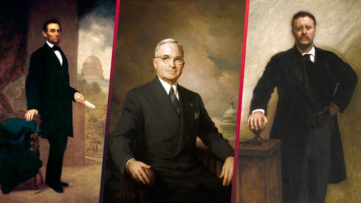 White House portraits of Abraham Lincoln (by William F. Cogswel), Harry Truman (by Greta Kempton), and Theodore Roosevelt (by John Singer Sargent).