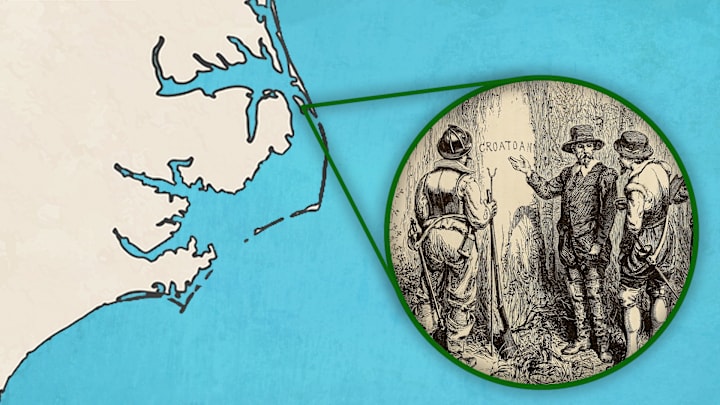 An illustration by William L. Sheppard of John White and company discussing the ‘CROATOAN’ clue.