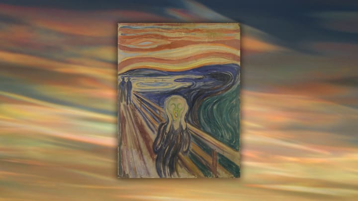 'The Scream' against a real-life photo of nacreous clouds.