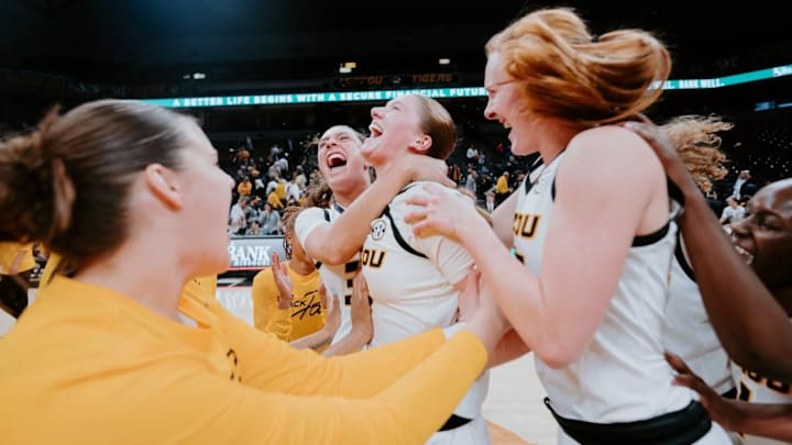 Jan 27, 2024; Columbia, MO, USA; Missouri women's basketball celebrates after win over Mississippi State at Mizzou Arena. /Mizzou Athletics