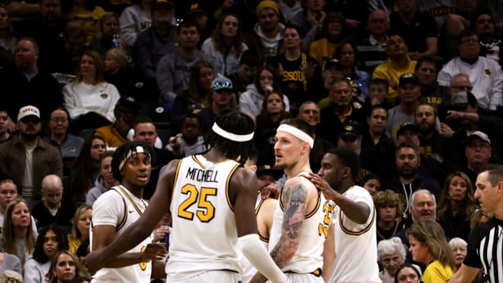 Feb. 9, 2025; Columbia, Missouri, USA; Missouri Tigers guard Anthony Robinson II, forward Mark Mitchell, guard Jacob Crews and guard Marques Warrick (left to right) against the Texas A&M Aggies at Mizzou Arena.