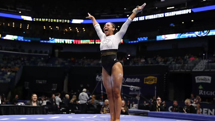 Missouri gymnast Kennedy Griffin beams after finishing her floor routine at the 2024 SEC Championship. 