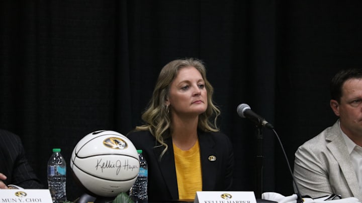 March 31, 2025; Columbia, Missouri, USA; New Missouri women's basketball head coach Kellie Harper answers questions from the media at Mizzou Arena. March 31, 2025; Columbia, Missouri, USA; New Missouri women's basketball head coach Kellie Harper answers questions from the media at Mizzou Arena.
