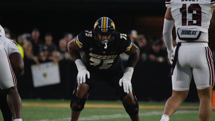 Sept 20, 2025; Columbia, Missouri, USA; Missouri Tigers left tackle Jayven Richardson lines up in the first quarter against South Carolina.
