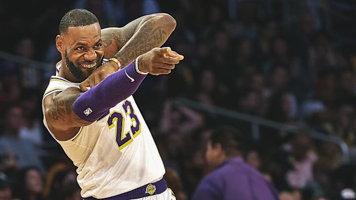 LeBron James celebrates during a Los Angeles Lakers game in 2018.