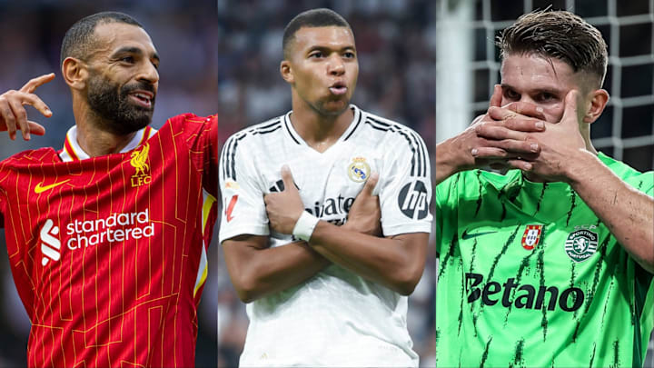 Mohamed Salah (right) and Kylian Mbappé (middle) are chasing Viktor Gyökeres in the 2024-25 European Golden Boot race.