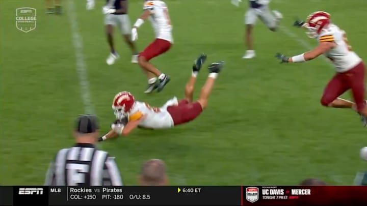 Carson Hansen’s dive for the goal line was determined to be just a few inches short.