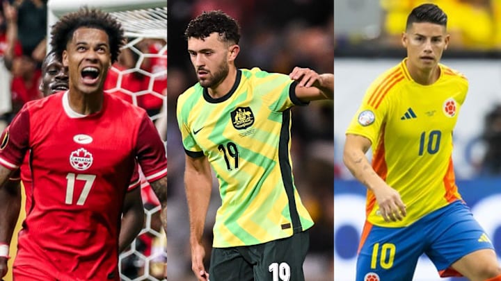 Tajon Buchanan (left) will come up against Patrik Yazbek (center) and James Rodríguez (right) when Canada faces Australia and Colombia. 