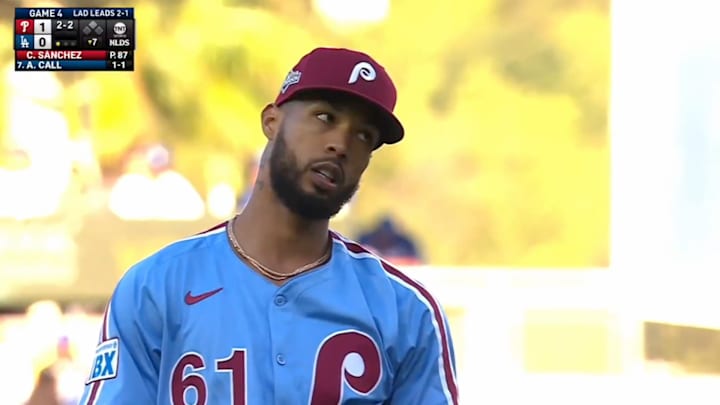 Cristopher Sánchez reacts after delivering what should have been strike three in the NLDS.