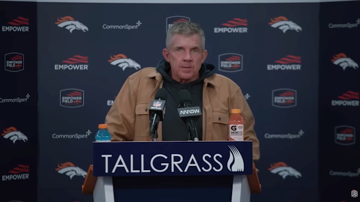 Sean Payton speaks with reporters after the Broncos’ win over the Bills in the AFC divisional round.