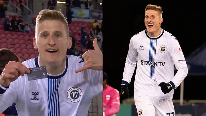 Tomasz Skublak celebrated with a “call me” celebration after scoring in the Canadian Premier League. 