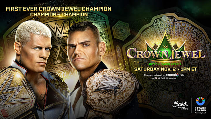 WWE Crown Jewel poster featuring Undisputed Champion Cody Rhodes (left) and World Heavyweight Champion Gunther. WWE Crown Jewel poster featuring Undisputed Champion Cody Rhodes (left) and World Heavyweight Champion Gunther.