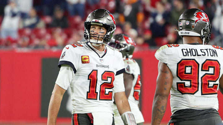 Jan 16, 2023; Tampa, Florida, USA; Tampa Bay Buccaneers quarterback Tom Brady (12) walks off the
