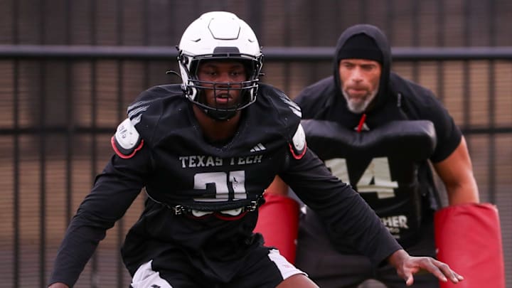 Texas Tech's David Bailey goes through a drill as the Red Raiders practice ahead of the Orange Bowl College Football Playoff game, Saturday, Dec. 27, 2025, at the Womble Football Center.
