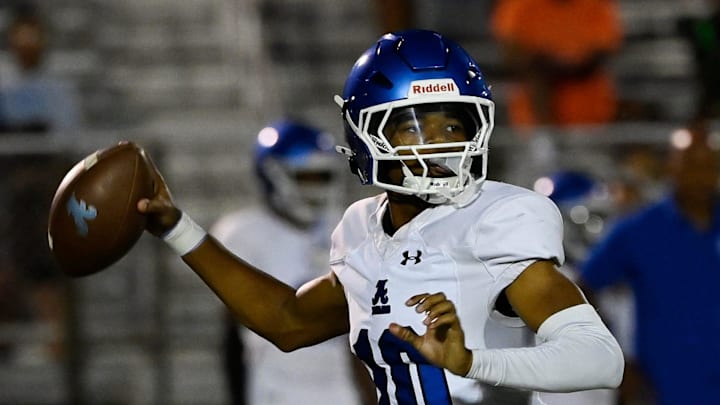 Antioch quarterback Andre Adams (10) passes against Centennial during a high school football game Friday, Sept. 19, 2025, in Franklin, Tenn.