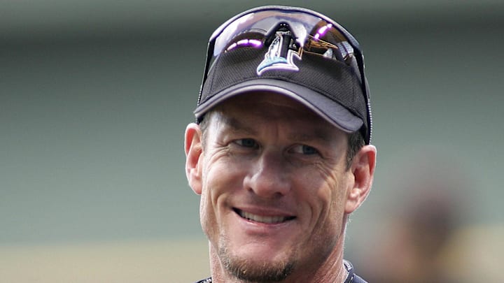 Jeff Conine #18 of the Florida Marlins walks from the batting cage during batting practice before the game against the Milwaukee Brewers at Miller Park in 2005.