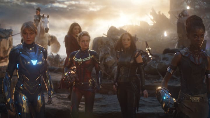 Marvel Studios' AVENGERS: ENDGAME..L to R: Pepper Potts in Rescue Suit (Gwyneth Paltrow), Valkyrie (Tessa Thompson), Scarlet Witch (Elizabeth Olsen), Captain Marvel (Brie Larson), Mantis (Pom Klementieff) and Shuri (Letitia Wright)..Photo: Film Frame..©Marvel Studios 2019