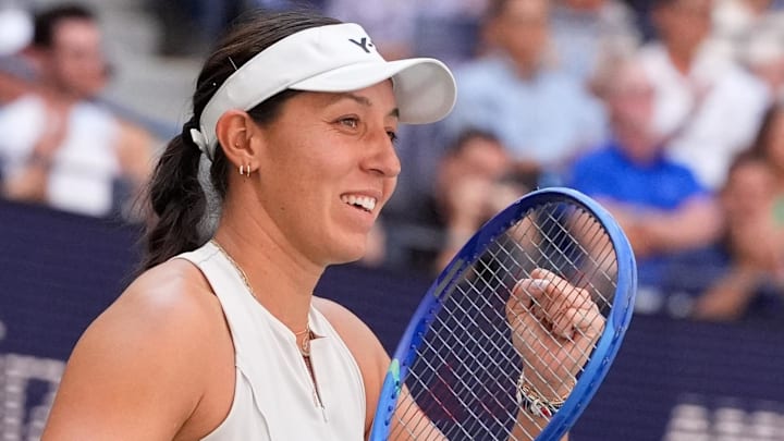 Sep 2, 2025; Flushing, NY, USA; Jessica Pegula (USA) celebrates after beating Barbora Krejcikova (CZE) (not pictured) on day ten of the 2025 U.S. Open tennis tournament at the USTA Billie Jean King National Tennis Center.