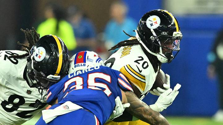 Aug 27, 2026; Orchard Park, New York, USA;  Buffalo Bills linebacker Jimmy Ciarlo (35) tackles Pittsburgh Steelers running back Kaleb Johnson (20) during the second half at New Highmark Stadium.  Mandatory Credit: Mark Konezny-Imagn Images
