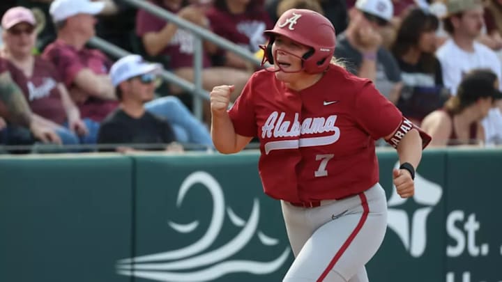 Alabama Softball Player Catelyn Riley (7) celebrates while running bases at Davis Diamond in College Station, Tx on Saturday, Mar 22, 2025.