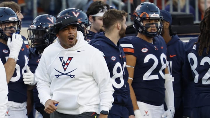 Nov 18, 2023; Charlottesville, Virginia, USA; Virginia Cavaliers head coach Tony Elliott yells at officials from the sidelines against the Duke Blue Devils during the second quarter at Scott Stadium. Mandatory Credit: Geoff Burke-USA TODAY Sports