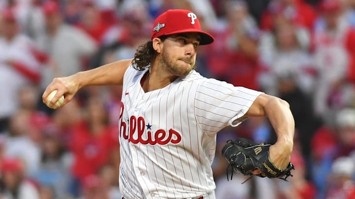 Oct 11, 2023; Philadelphia, Pennsylvania, USA; Philadelphia Phillies starting pitcher Aaron Nola