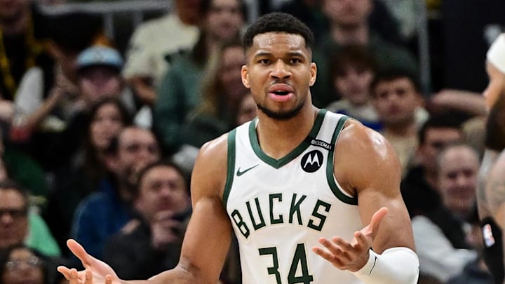 Mar 13, 2025; Milwaukee, Wisconsin, USA; Milwaukee Bucks forward Giannis Antetokounmpo (34) reacts in the third quarter against the Los Angeles Lakers at Fiserv Forum. Mandatory Credit: Benny Sieu-Imagn Images