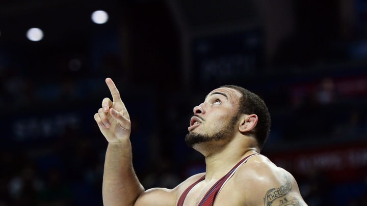 Penn State's Aaron Brooks celebrates a victory at the 2024 U.S. Olympic Trials at the Bryce Jordan Center. 