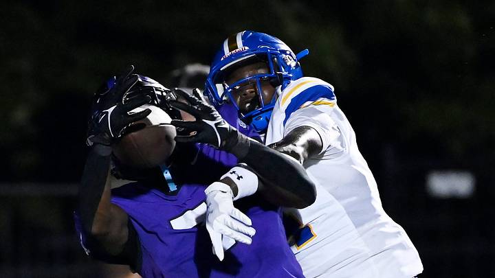 First Academy defensive back Bam Whitfield, right, breaks up a pass intended for Lipscomb Academy wide receiver Cam Blivens (7) during an high school football game Thursday, Aug. 22, 2024, in Nashville, Tenn. First Academy defensive back Bam Whitfield, right, breaks up a pass intended for Lipscomb Academy wide receiver Cam Blivens (7) during an high school football game Thursday, Aug. 22, 2024, in Nashville, Tenn.