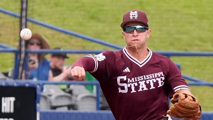 May 20, 2026; Hoover, AL, USA; Mississippi State third baseman Ace Reese fields a ball and throws to first for an out in the SEC Tournament game between Georgia and Mississippi State at the Hoover Met. May 20, 2026; Hoover, AL, USA; Mississippi State third baseman Ace Reese fields a ball and throws to first for an out in the SEC Tournament game between Georgia and Mississippi State at the Hoover Met.
