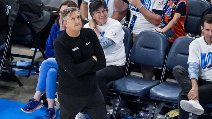 May 20, 2025; Oklahoma City, Oklahoma, USA; Minnesota Timberwolves head coach Chris Finch in the fourth quarter against the Oklahoma City Thunder during game one of the western conference finals for the 2025 NBA Playoffs at Paycom Center. Mandatory Credit: Brett Rojo-Imagn Images