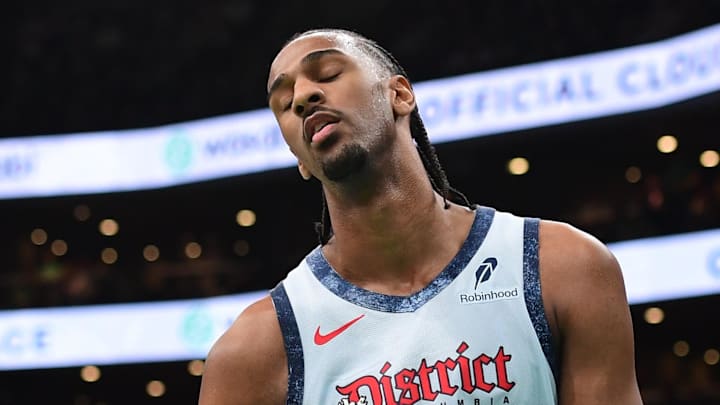 Apr 6, 2025; Boston, Massachusetts, USA; Washington Wizards forward Alex Sarr (20) reacts after a play during the second half against the Boston Celtics at TD Garden. Mandatory Credit: Bob DeChiara-Imagn Images