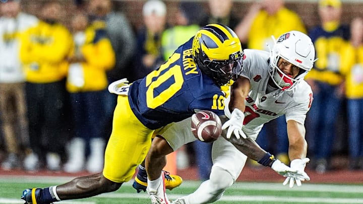 Michigan defensive back Zeke Berry (10) breaks a pass intended for New Mexico wide receiver Zhaiel Smith (0) during the first half at Michigan Stadium in Ann Arbor on Saturday, August 30, 2025.