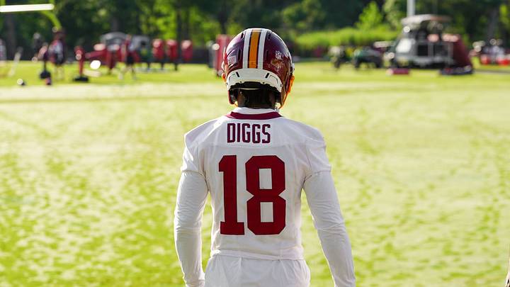 Washington Commanders wide receiver Stefon Diggs takes the field for his first training camp practice with the team Friday in Ashburn, Va. Washington Commanders wide receiver Stefon Diggs takes the field for his first training camp practice with the team Friday in Ashburn, Va.