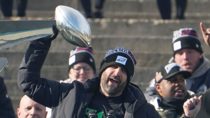 Eagles head coach Nick Sirianni holds up the Vince Lombardi trophy during the Philadelphia Eagles Super Bowl celebration in front of the Philadelphia Museum of Art, Friday, Feb. 14, 2025. Eagles head coach Nick Sirianni holds up the Vince Lombardi trophy during the Philadelphia Eagles Super Bowl celebration in front of the Philadelphia Museum of Art, Friday, Feb. 14, 2025.