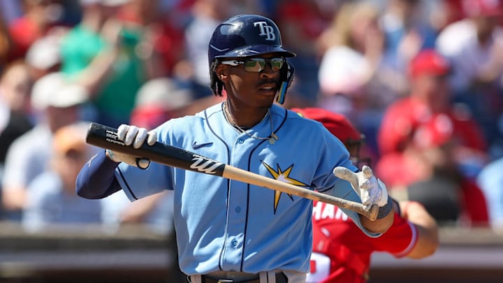 Mar 7, 2023; Clearwater, Florida, USA;  Tampa Bay Rays shortstop Greg Jones (70) strikes out against the Philadelphia Phillies in the fourth inning during spring training at BayCare Ballpark. Mandatory Credit: Nathan Ray Seebeck-Imagn Images