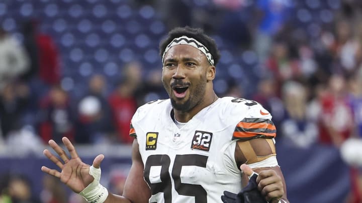 Dec 24, 2023; Houston, Texas, USA; Cleveland Browns defensive end Myles Garrett (95) walks on the field after the game against the Houston Texans at NRG Stadium. Mandatory Credit: Troy Taormina-USA TODAY Sports
