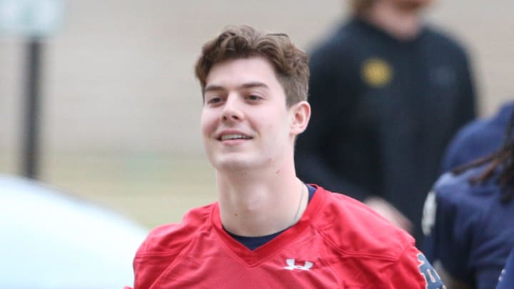 Notre Dame quarterback Steve Angeli (18) at Notre Dame spring football practice Thursday, March 7, 2024, at the Irish Athletics Center in South Bend.