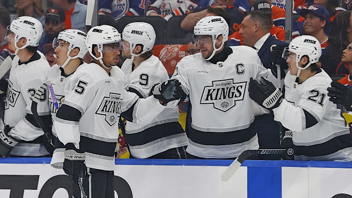 May 1, 2025; Edmonton, Alberta, CAN; The Los Angeles Kings celebrate a goal by forward Quinton Byfield (55) during the first period against the Edmonton Oilers in game six of the first round of the 2025 Stanley Cup Playoffs at Rogers Place. Mandatory Credit: Perry Nelson-Imagn Images